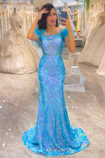 Glitter Light Blue Mermaid Long Feathered Formal Dress