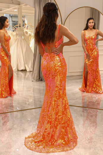 Sparkly Orange Mermaid Long Corset Formal Dress With Slit