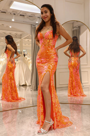 Sparkly Orange Mermaid Long Corset Formal Dress With Slit