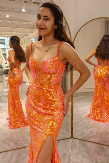 Sparkly Orange Mermaid Long Corset Formal Dress With Slit