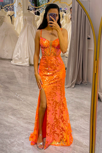 Glitter Orange Mermaid Long Corset Formal Dress With Slit