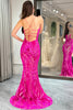 Load image into Gallery viewer, Fuchsia Mermaid Backless Long Formal Dress With Appliques