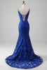 Load image into Gallery viewer, Sparkly Royal Blue Mermaid Spaghetti Straps Long Prom Dress With Appliques