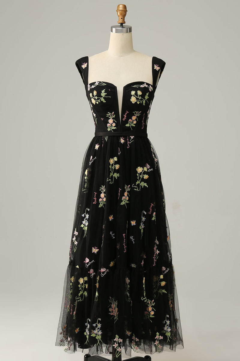 Load image into Gallery viewer, A Line Sweetheart Black Long Formal Dress with Embroidery