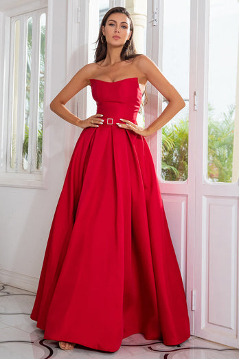 A Line Strapless Red Long Formal Dress with Split Front