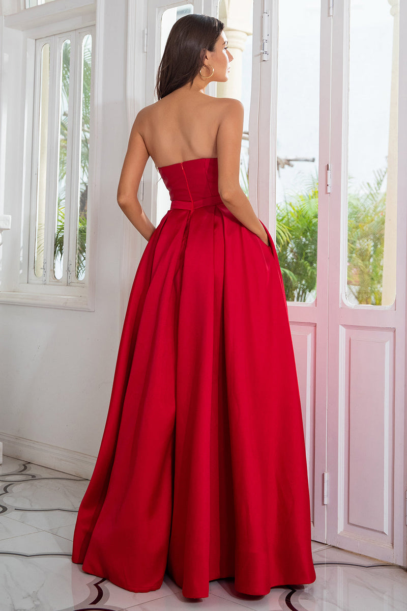 Load image into Gallery viewer, A Line Strapless Red Long Formal Dress with Split Front