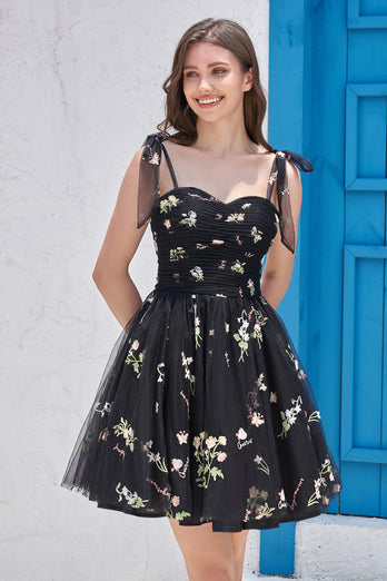 Cute A-Line Black Short Formal Dress With Embroidery