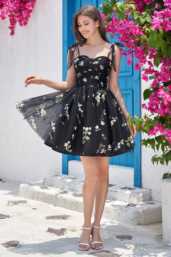 Cute A-Line Black Short Formal Dress With Embroidery