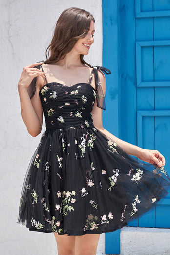 Cute A-Line Black Short Formal Dress With Embroidery