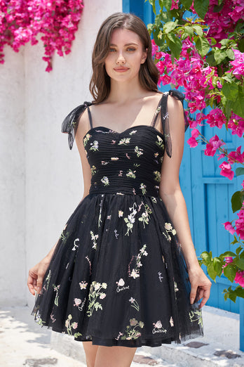 Cute A-Line Black Short Formal Dress With Embroidery