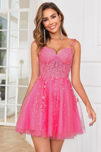 Stylish A Line Spaghetti Straps Pink Short Formal Dress with Appliques