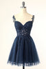 Load image into Gallery viewer, A Line Spaghetti Straps Grey Short Formal Dress with Appliques