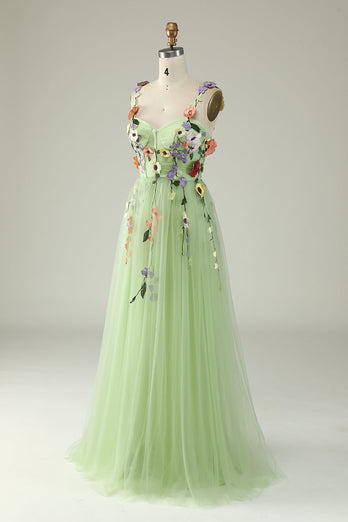 Green Spaghetti Straps Long Formal Dress With 3D Flowers