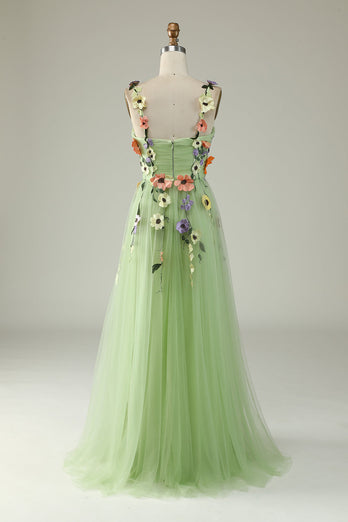 Green Spaghetti Straps Long Formal Dress With 3D Flowers