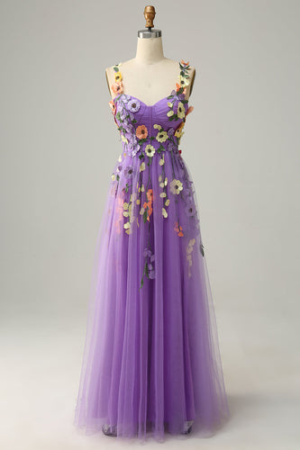 Dark Purple Spaghetti Straps Formal Dress With 3D Flowers