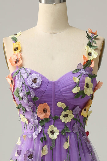 Dark Purple Spaghetti Straps Formal Dress With 3D Flowers