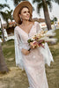 Load image into Gallery viewer, Ivory and Champagne Lace Boho Wedding Dress With Cape