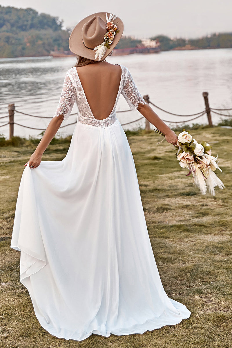 Load image into Gallery viewer, Ivory Lace Chiffon Half Sleeves Boho Wedding Dress With Slit