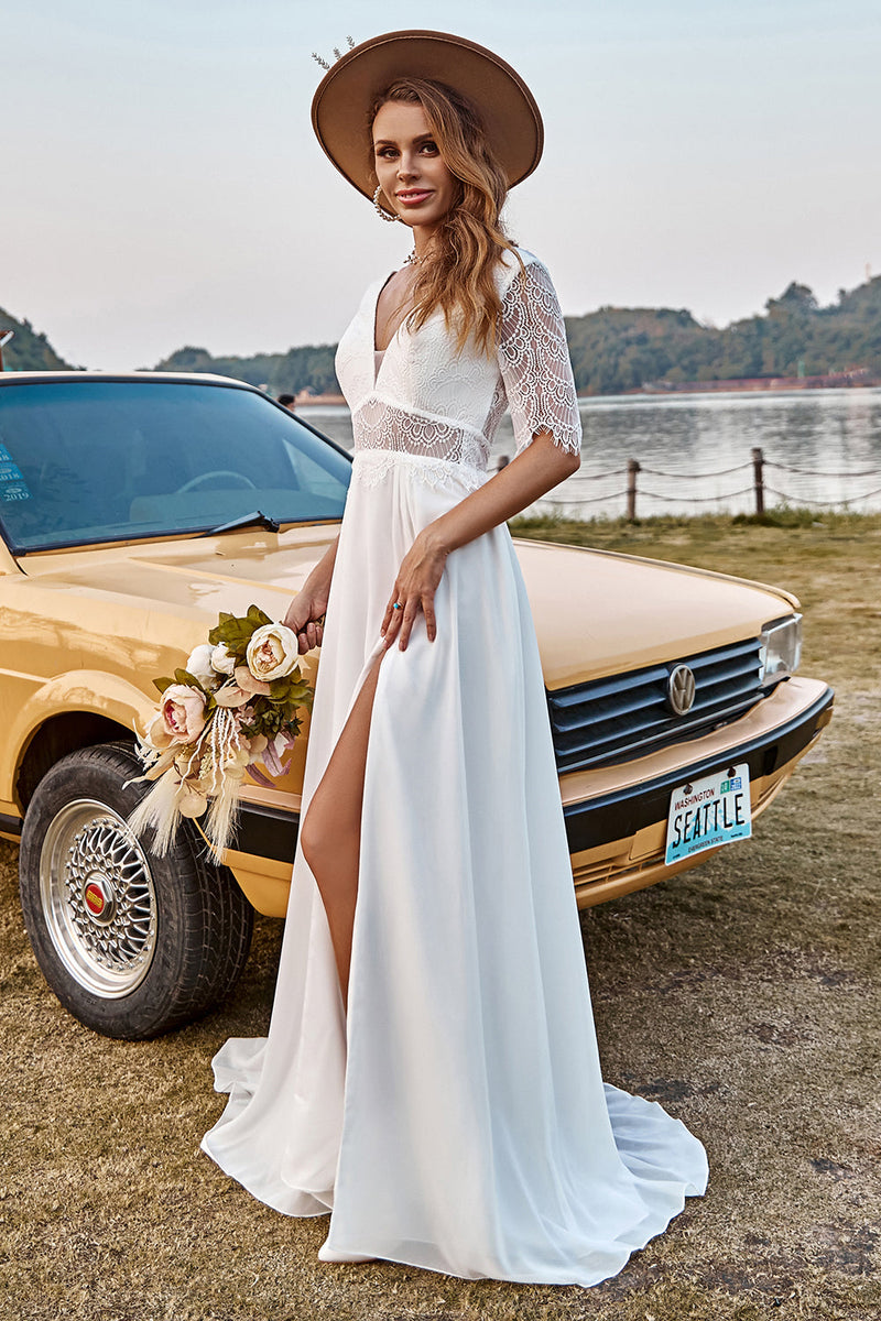 Load image into Gallery viewer, Ivory Lace Chiffon Half Sleeves Boho Wedding Dress With Slit