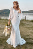 Load image into Gallery viewer, Ivory Lace Cold Shoulder Mermaid Cape Sleeve Boho Wedding Dress