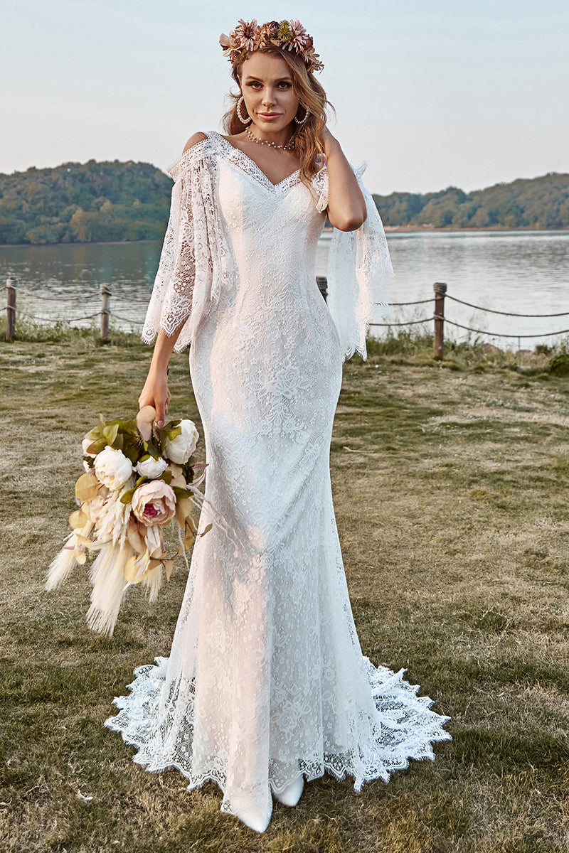 Load image into Gallery viewer, Ivory Lace Cold Shoulder Mermaid Cape Sleeve Boho Wedding Dress