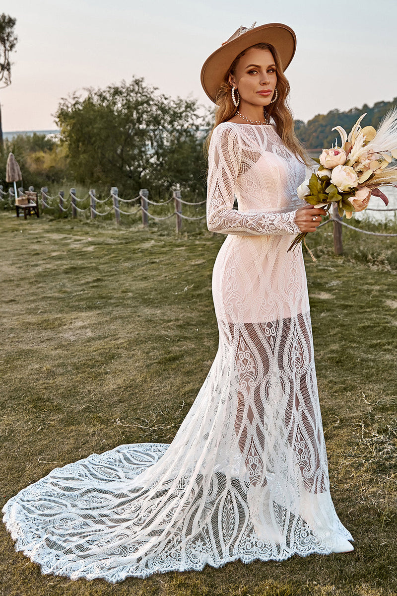 Load image into Gallery viewer, Ivory Mermaid Long Sleeves Lace Boho Wedding Dress With Sweep Train