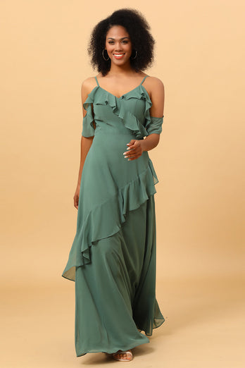 Eucalyptus Spaghetti Straps Long Bridesmaid Dress with Ruffles