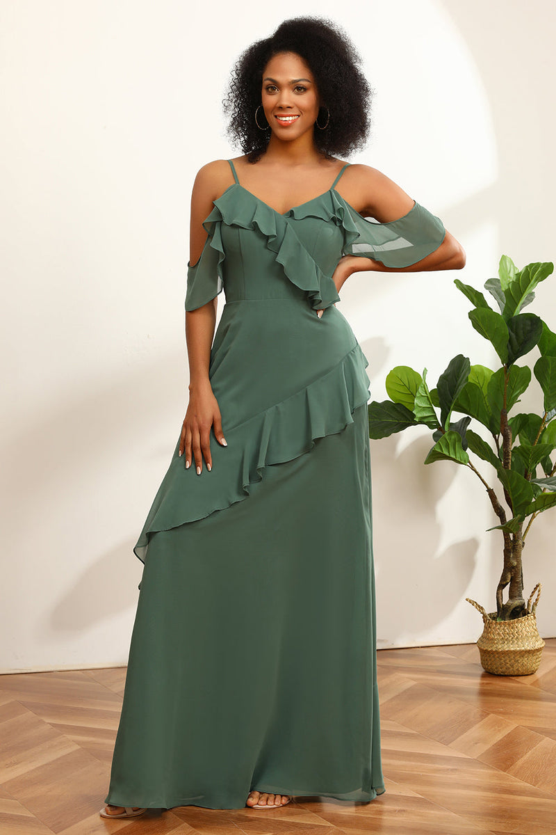 Load image into Gallery viewer, Eucalyptus Spaghetti Straps Long Bridesmaid Dress with Ruffles