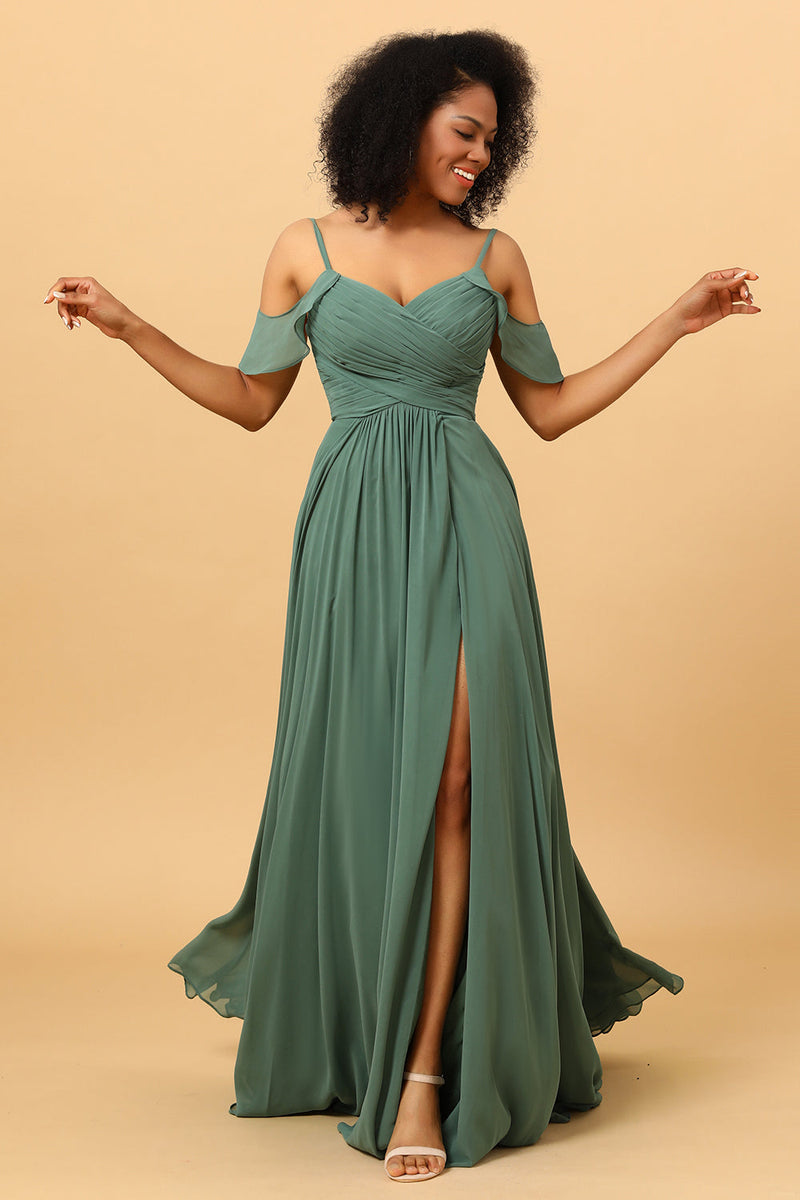 Load image into Gallery viewer, Eucalyptus A Line Spaghetti Straps Long Chiffon Bridesmaid Dress With Slit