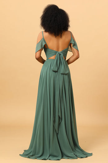 Eucalyptus A Line Spaghetti Straps Long Chiffon Bridesmaid Dress With Slit