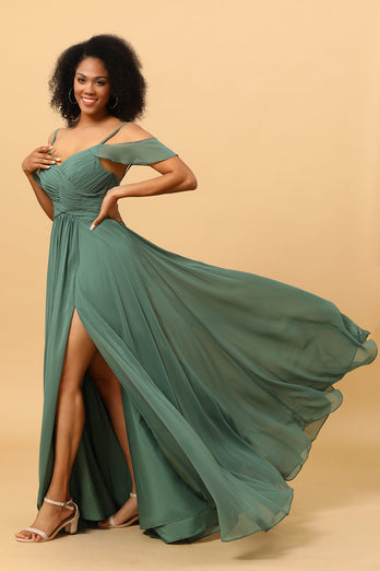 Eucalyptus A Line Spaghetti Straps Long Chiffon Bridesmaid Dress With Slit