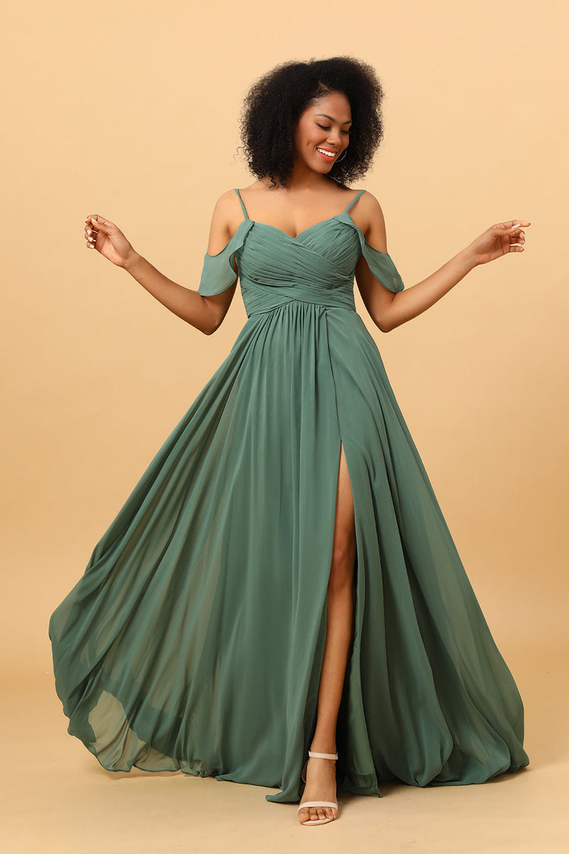 Load image into Gallery viewer, Eucalyptus A Line Spaghetti Straps Long Chiffon Bridesmaid Dress With Slit