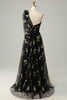 Load image into Gallery viewer, Tulle One Shoulder Black Long Formal Dress with Embroidery