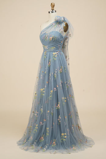 A-Line Grey Blue Long Formal Dress With Embroidery