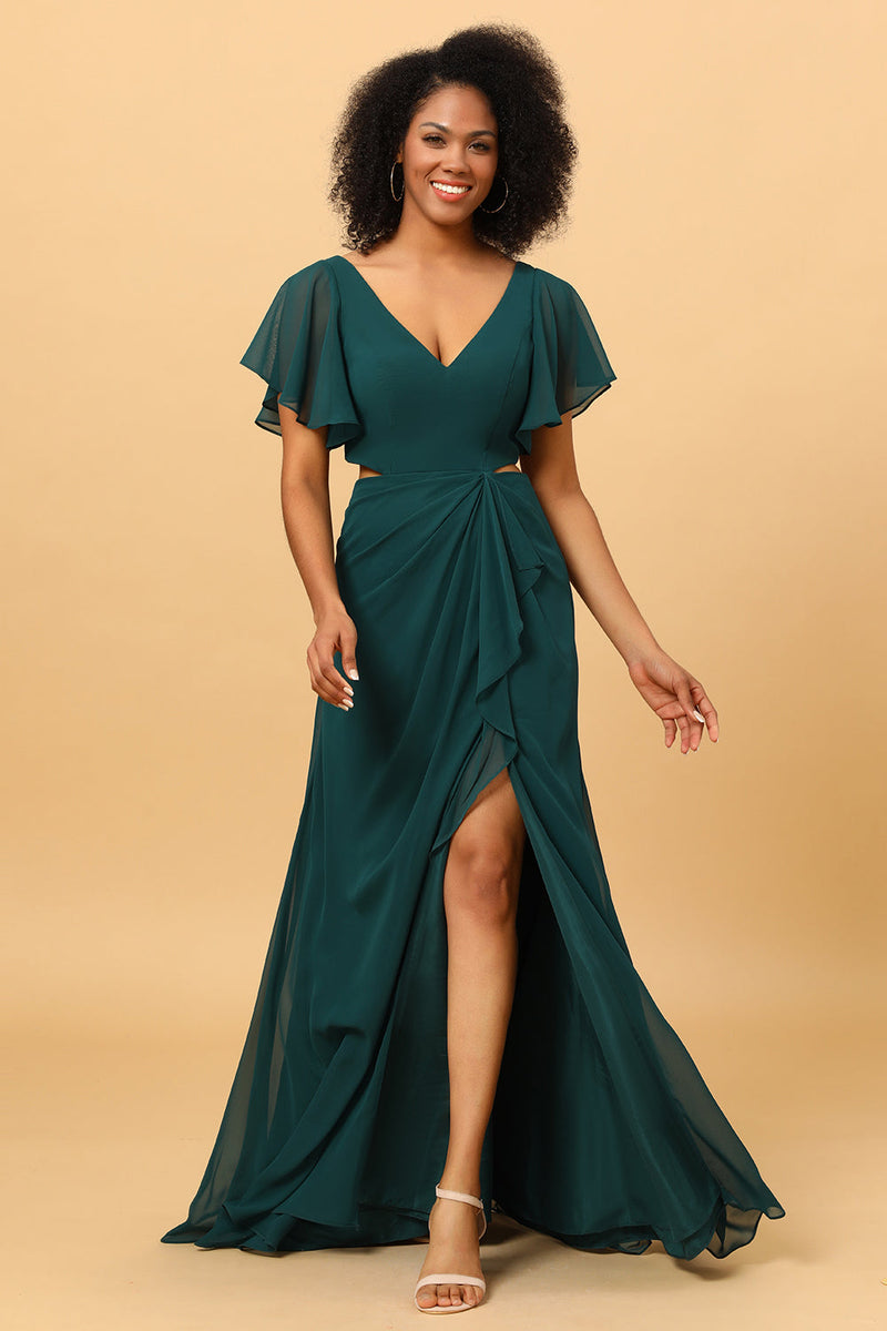 Load image into Gallery viewer, Dark Green V-Neck Long Chiffon Bridesmaid Dress with Ruffles