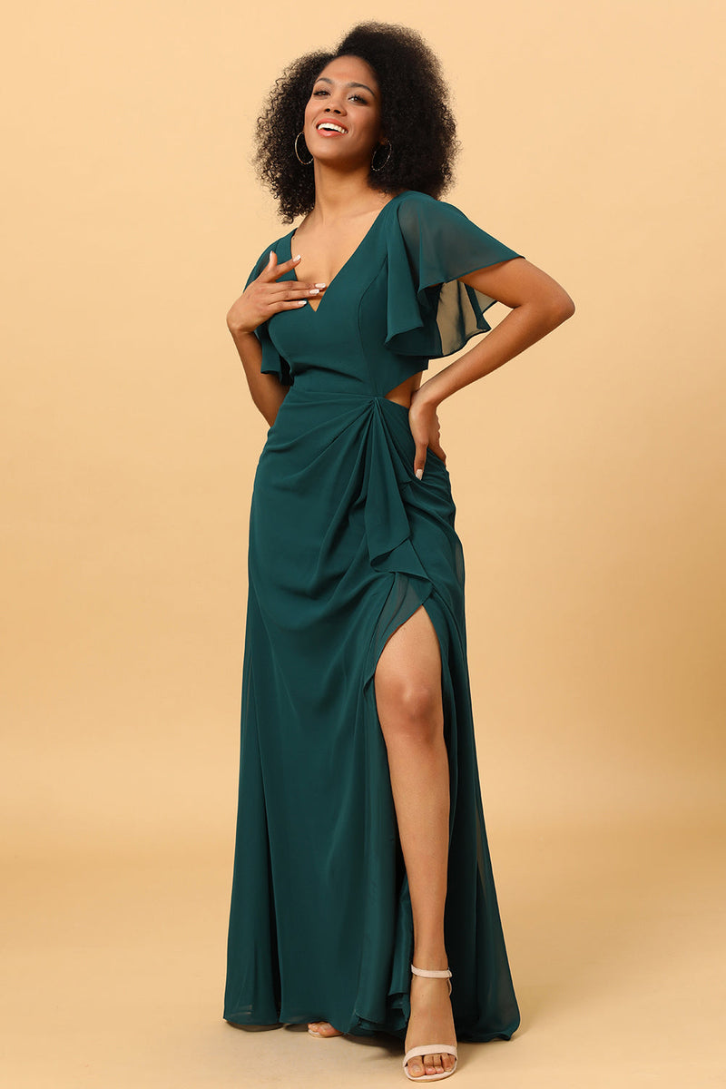 Load image into Gallery viewer, Dark Green V-Neck Long Chiffon Bridesmaid Dress with Ruffles