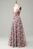 Load image into Gallery viewer, Grey and Pink Floral Long Bridesmaid Dress