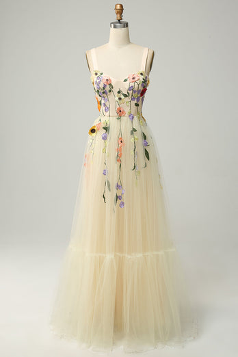 Champagne Spaghetti Straps Long Formal Dress With 3D Flowers