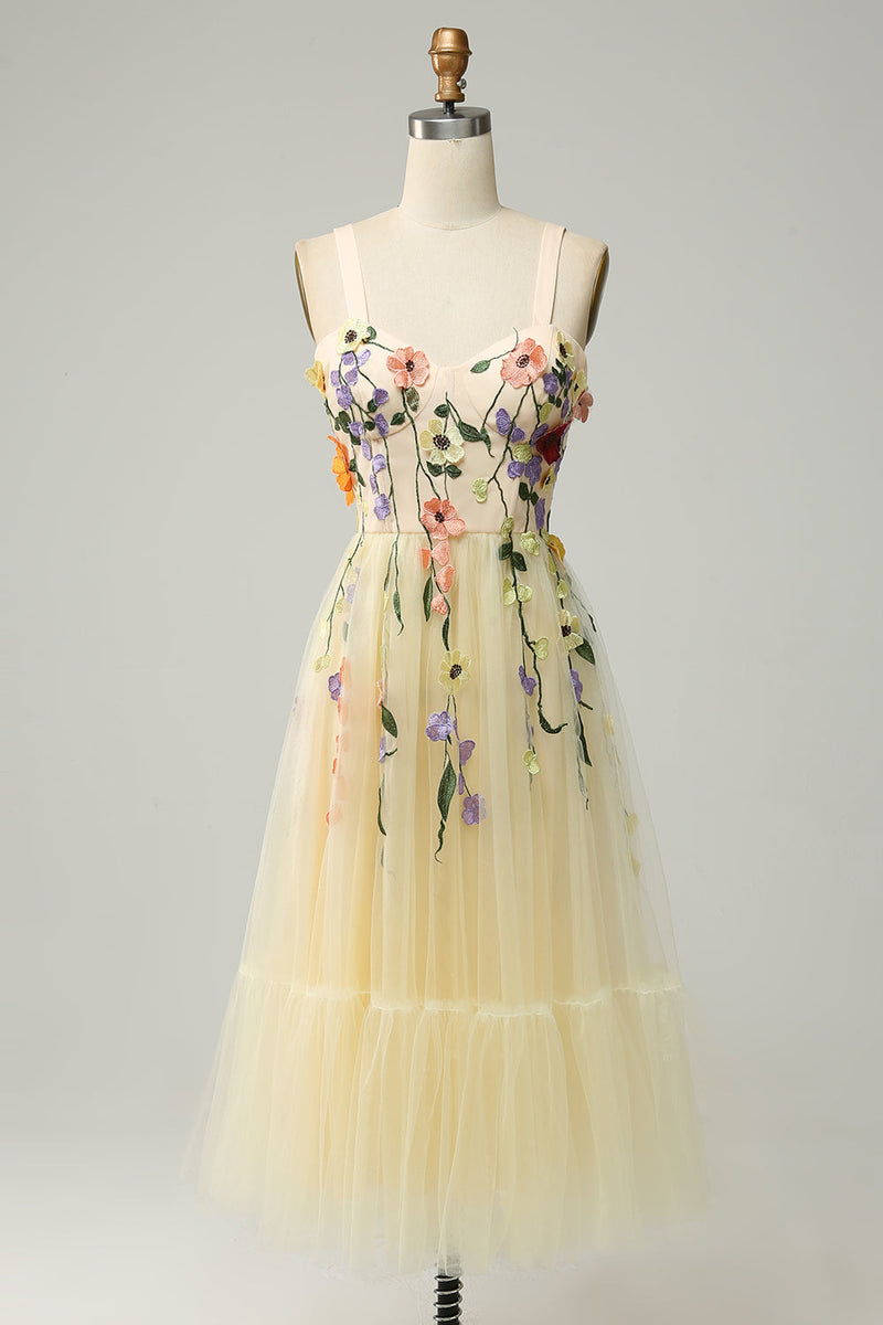 Load image into Gallery viewer, Tulle Champagne Spaghetti Straps Formal Dress With 3D Flowers