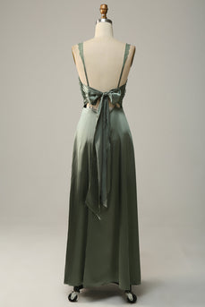 V-Neck Open Back Dusty Green Bridesmaid Dress with Lace