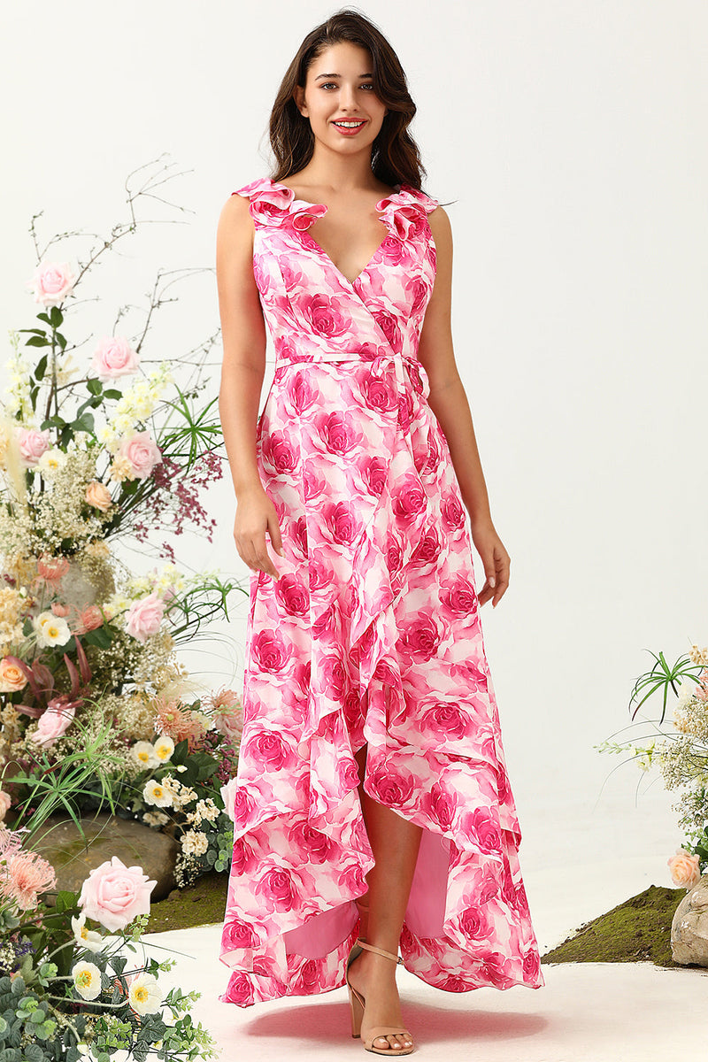 Load image into Gallery viewer, A Line V Neck Pink Flower Printed Long Bridesmaid Dress with Ruffles