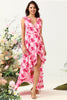 Load image into Gallery viewer, A Line V Neck Pink Flower Printed Long Bridesmaid Dress with Ruffles