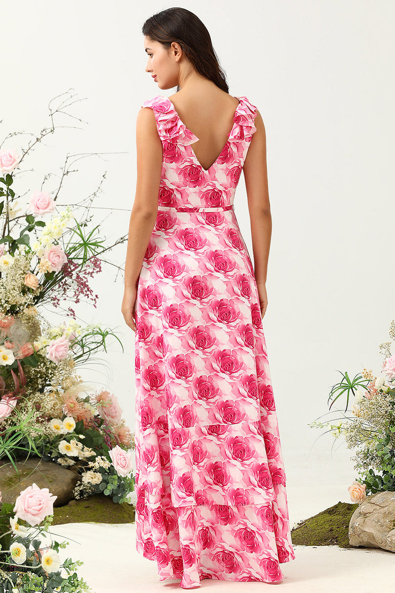 Load image into Gallery viewer, A Line V Neck Pink Flower Printed Long Bridesmaid Dress with Ruffles