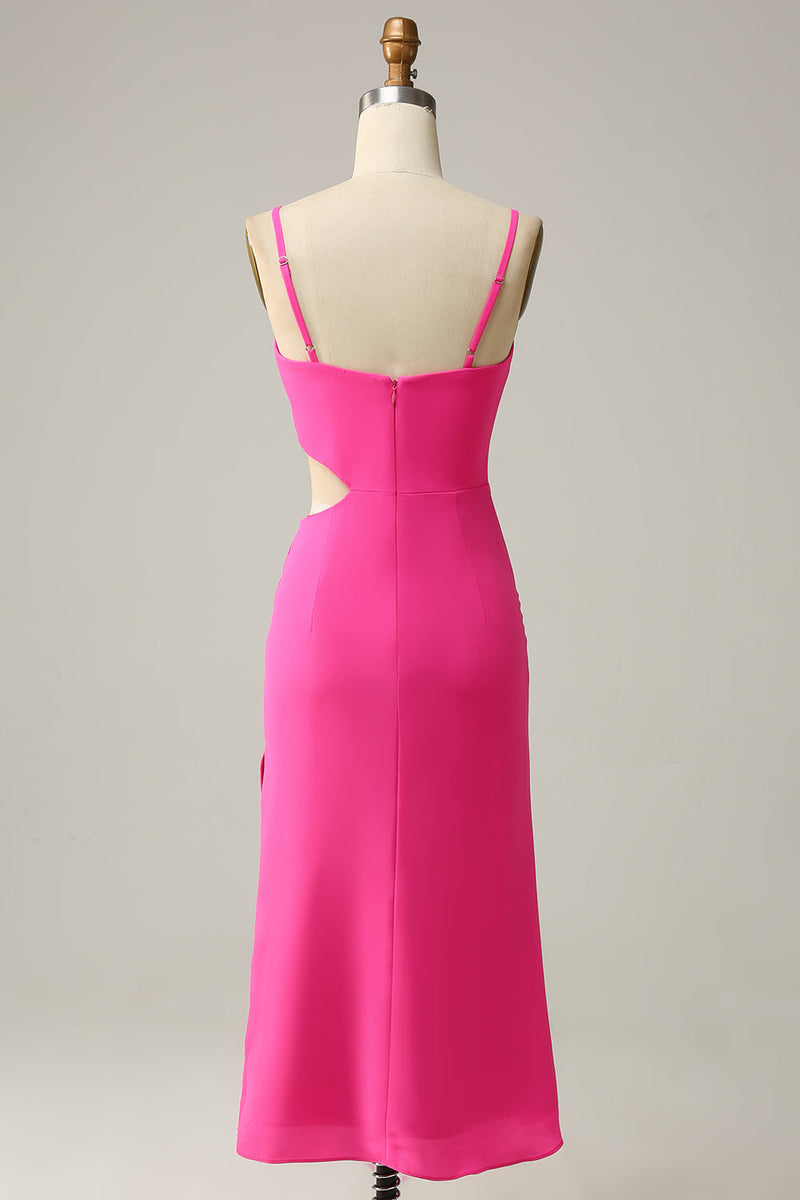 Load image into Gallery viewer, Spaghetti Straps Cut Out Hot Pink Bridesmaid Dress with Ruffles