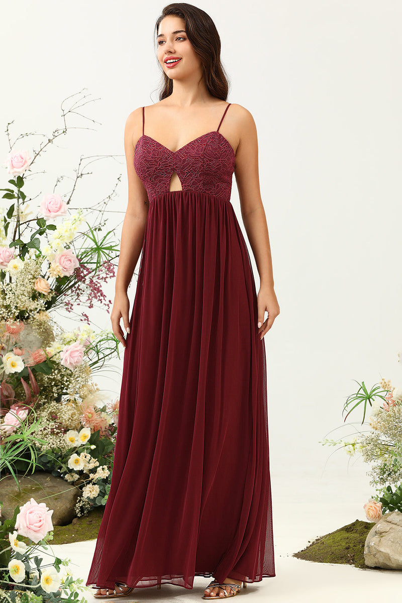 Load image into Gallery viewer, Burgundy Spaghetti Straps Lace Bridesmaid Dress with Hollow-out