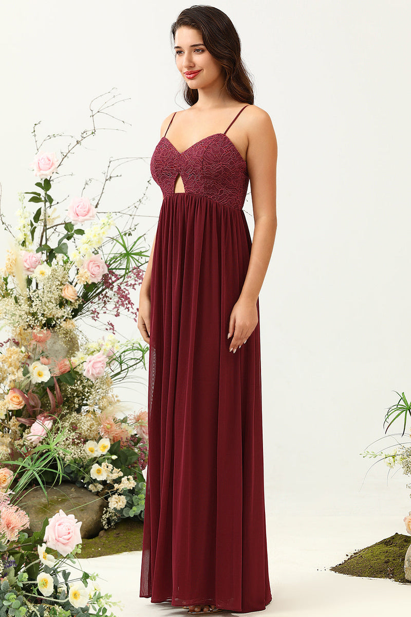 Load image into Gallery viewer, Burgundy Spaghetti Straps Lace Bridesmaid Dress with Hollow-out