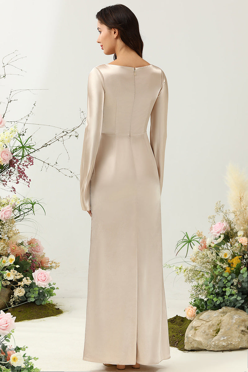 Load image into Gallery viewer, V-Neck Champagne Long Bridesmaid Dress with Sleeves