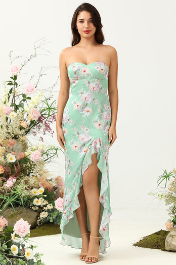 Sheath Spaghetti Straps Light Green Floral Printed Bridesmaid Dress with Split Front