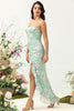 Load image into Gallery viewer, Sheath Spaghetti Straps Light Green Floral Printed Bridesmaid Dress with Split Front