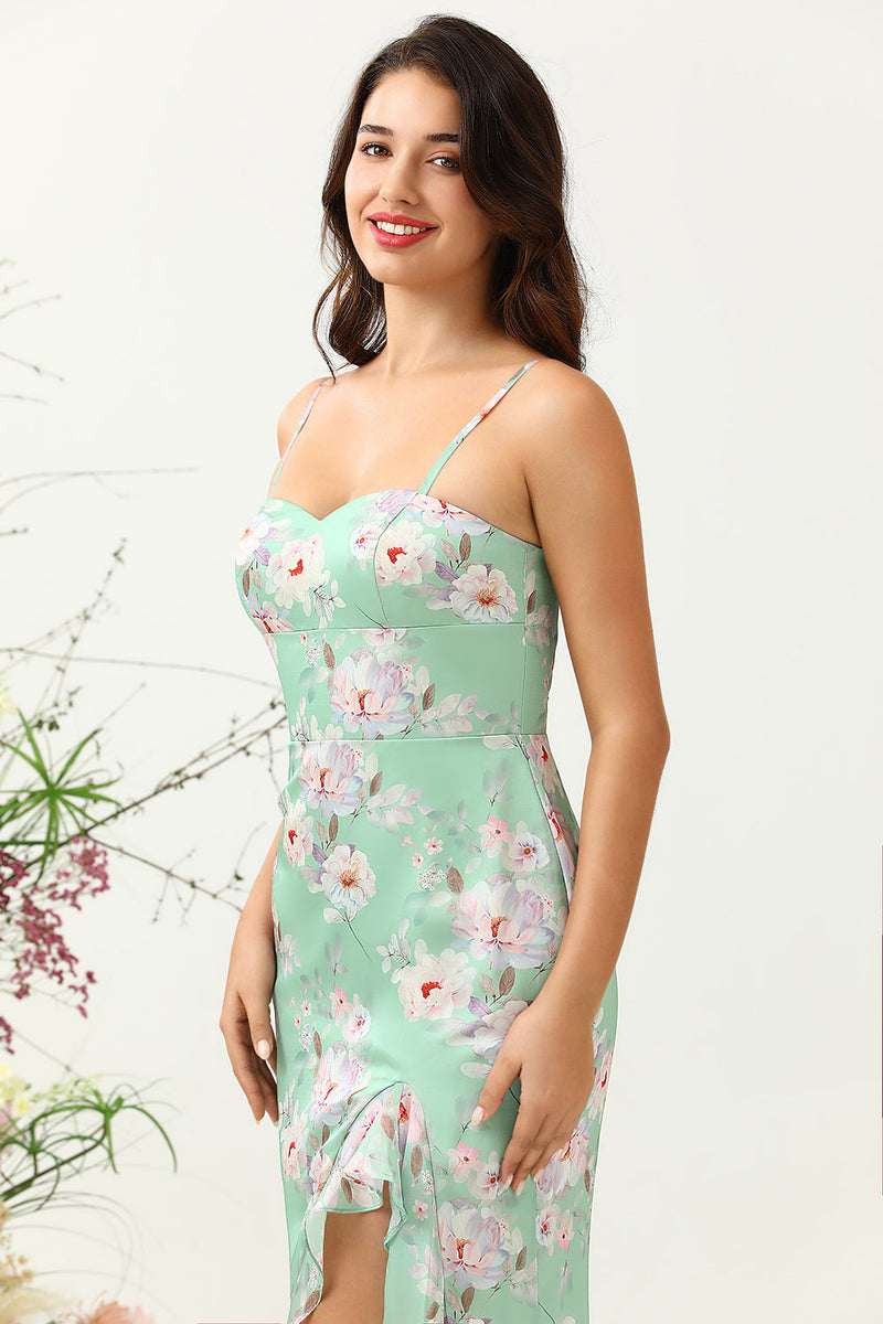 Load image into Gallery viewer, Sheath Spaghetti Straps Light Green Floral Printed Bridesmaid Dress with Split Front